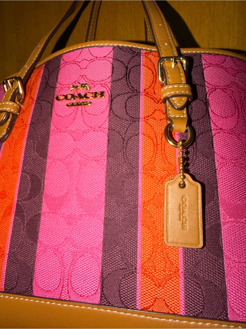 Coach Mollie 25 Pink and Orange Stripe Satchel with Tan Trim - Picture 12 of 16